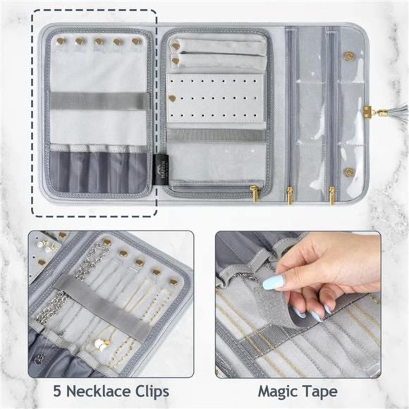 Jewelry Travel Organizer for Women, Tangle Free Portable Leather Jewelry Storage - Picture 5 of 7